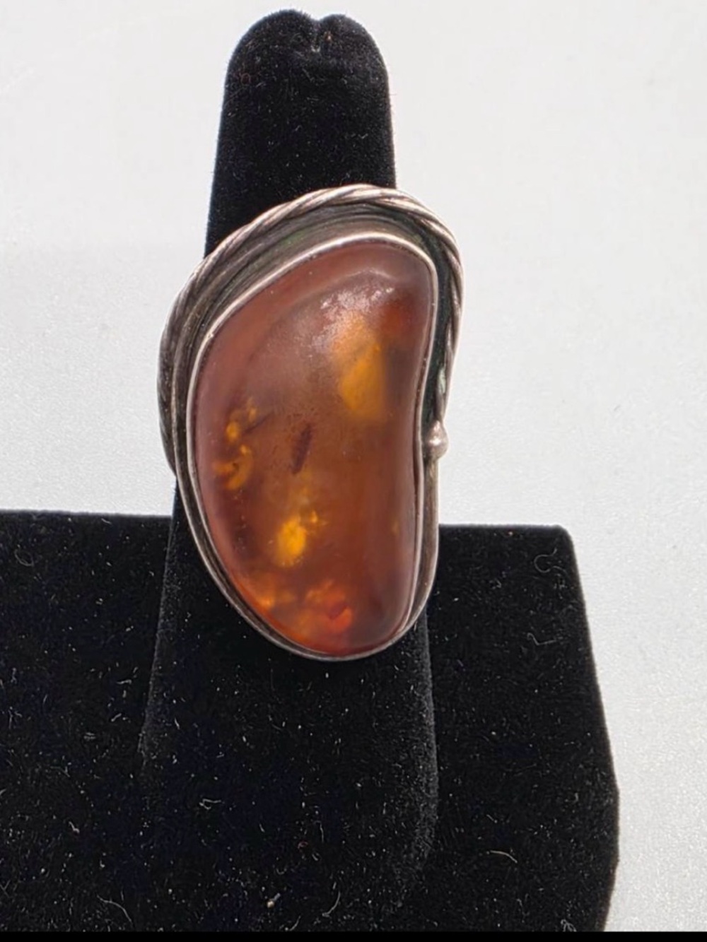 Vintage Modernist Amber and Sterling Silver Statement Ring – Estate Find  |6.25|